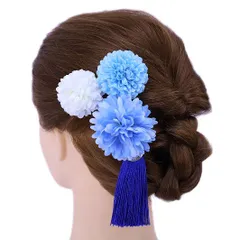 髪飾り 成人式 振袖 前撮り 袴 花 浴衣 夏祭り 花火大会 豪華3点セット 青 水色 白 房付き ヘアアクセ かんざし ヘッドドレス No.9-3639