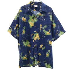 Go BaReFooT ゴーベアフット 90s USA製 オールド ハワイアン柄 半袖 アロハシャツ L ネイビー メンズ 古着