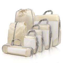 【新着商品】出張 温泉 海外 衣類仕分け 撥水加工 旅行 圧縮で衣類スペース約60％節約 可変スペース 便利グッズ 7点セット 便利圧縮バッグ 丸洗い可能タイプ（ベージュ） トラベルポーチ 旅行用圧縮袋