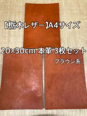 【栃木レザー】革 ハギレ A4サイズ ブラウン系 3枚セット 端革 カラーヌメ革【国産本革】