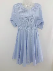 ◇ Sample Text サンプルテキスト ストライプ Vネック 半袖 ミニ ワンピース サイズS ブルー ホワイト レディース E  【1302020006338】
