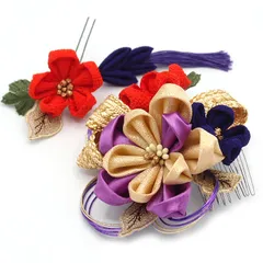 髪飾り ２点セット 紫 金 つまみ細工 リボン 成人式 花 和風 浴衣 着物 振袖 袴 ドレス 七五三 子供 結婚式 卒業式 入学式 髪留め ヘアアクセサリー ヘアコーム 送料無料 日本製 大きめ ムラサキ W 68 324-240 u948　Si