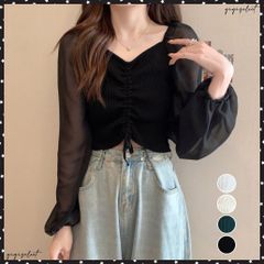ニットトップス ドローストリング 韓国風ドッキングニット 袖切り替え ニットブラウス 袖透け感 レディース ショート丈ブラウス お洒落 カジュアルニット着やせニットトップ Vネックニットソー きれいめ トップス