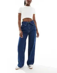 【送料無料】 エイソス レディース デニムパンツ ボトムス ASOS DESIGN wide leg jeans with folded waistband DARK MID BLUE