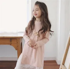 韓国子供服 スリット入りペールトーンさらてろワンピース 長袖 カットソー キッズ ロングスリット ピンク