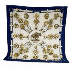 HERMES エルメス カレ90 白ホース柄スカーフ