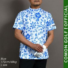 新品【COMONGOLF/コモンゴルフ】ボタニカル柄半袖モックネックゴルフシャツ/ブルー(CG-HT5007S)ゴルフウェア 春夏 春秋 フェイクレイヤード サイドスリット DRY素材 ストレッチ トップス ポロシャツ M L XL XXL XXXL