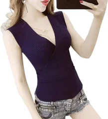 FUPUTWO ニット セーター レディース Vネック トップス 胸元 セクシー ノースリーブ リブ カシュクール カットソー( ネイビー,  Free Size)