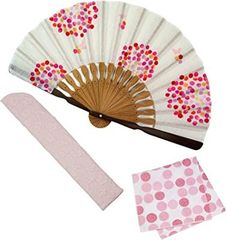 [大阪長生堂] 扇子 レディース 女性用 母の日 高級 ビジネス 扇子入れ ハンカチ付セット こんぺいとう ベージュ