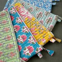 フラットポーチ　ブロックプリント　コットンポーチ