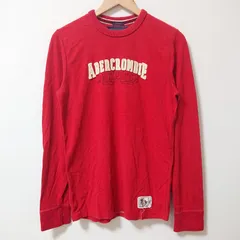 (^w^)b Abercrombie&Fitch アバクロンビーアンドフィッチ 長袖Tシャツ マッスルフィット スリム ブランドロゴ ワッペン 刺繍 英字 丸襟 カジュアル アメカジ リブ袖 綿100% 小さいサイズ レッド 赤 メンズ サイズS