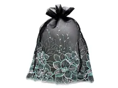 巾着袋 (25cm×35cm) オーガンジー パステル花刺繍 ラッピング 包装 巾着ポーチ 小物入れ 黒 ブラック マスク入れ マ