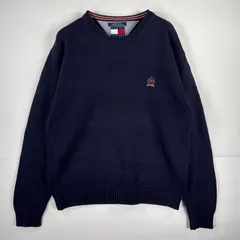 古着 90's/90年代 トミーヒルフィガー TOMMY HILFIGER 長袖 セーター ワンポイント コットン ニット 大きいサイズ  ネイビー 無地 メンズ