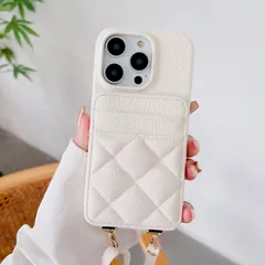 斜め掛けスマホケース iPhone 16/16Pro/16ProMax/16Plus/15/15Pro/14/14Pro多機種対応 レザー アーガイル柄 肩掛けケース ロングストラップ付き レザーケース カード入れ おしゃれ ホワイト 白 SC006