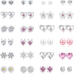 【数量限定】スターリングシルバー925スタッドピアスセット [JeryWe]48個 キュービックジルコニアピアス女性のための真珠の水晶円形の中心の形CZの花のスタッドのイヤリングの宝石類女の子