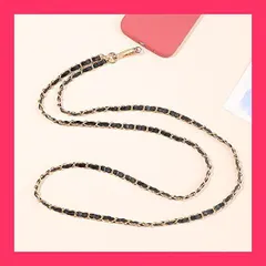 【スタッフおすすめ！】[ALUBES] スマホストラップ ネックストラップ チェーン 携帯ストラップ 首掛け 肩掛けストラップ 金属 レザー 紛失/落下防止 忘れ物防止 タグパッチ2枚入り ブラック