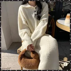 ケーブル編み ニットワンピース 韓国秋冬長袖ロングワンピース 体型カバー ドロップショルダー ゆったり ミディ丈ワンピース襟付き きれいめカジュアル 大人可愛い着やせニットワンピ ワンピース 20代 オルチャン服お洒落