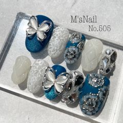 ネイルチップ 成人式 振袖 和装 和柄 和花 花 フラワー 青