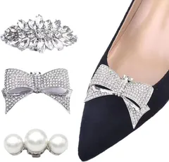 nijimomo シューズクリップ ３種 パール リボン 結婚式 パーティー パンプス アクセサリー(シルバー)