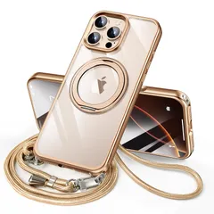 iPhone 16 Pro Max 用 ケース ダブルリング付き ショルダー ストラップ付き 多機能360度回転スタンド MagSafe対応 ワイヤレス充電対応 耐衝撃 カメラレンズ保護 三眼 6.9インチ いphone16pro max 用 ケース 薄型 透