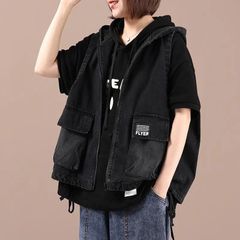 レディース デニムベスト アウター ノースリーブ カジュアル 春秋 ゆったり 可愛い 大きいサイズ フード付き LCDA191(2色S-3XL)