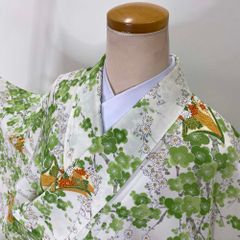 小紋 単衣 洗える着物 裄66.5 身丈166 お洒落着 普段着 ポリエステル 緑色 美品 M サイズ 3947