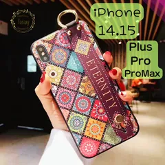 【送料無料 ネコポス発送】 在庫限り超特価！ iPhone保護ケース フィンガーストラップ付き レトロ リッチ 曼荼羅風 カラフルフラワー iPhone14 Plus Pro Max スマホケース