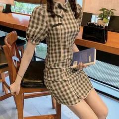 ワンピース パフスリーブ チャイナドレス風 チェック ミニ【0916】