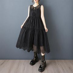 モード系  夏ワンピース レース 着痩せ ノースリーブ ベストワンピース 大きいサイズ レディース 透かし彫り 高見えする 動くたびに軽快なシルエット