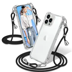 iPhone 12 Pro ケース クリア ショルダー 耐衝撃 iPhone12Pro スマホケース 透明 織りストラップ付き 肩がけ 首掛け 紐付き アイフォン12Pro カバー 縄掛け シングルショルダーロープ 斜めがけ 調節可能なショルダー クロスボ 0