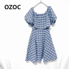 超美品 OZOCオゾック ひざ丈 ワンピース サイズ38 総柄 春夏 暑い日は1枚でさらっと着られるチェック フェミニンな雰囲気たっぷりフリル ブルーT134_ Ky84のサムネイル