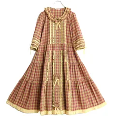 【極美品】ピンクハウス★パッチワーク&オリチェpt♪前開きワンピース 赤×黄色系 はしごレース&フリル♪リボン♪z14644
