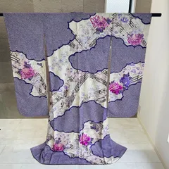 着物　一式　セット　振袖　袋帯　成人式　帯締め　紫　オレンジ　花　華やか　中古美品　管理番号KKVMI78