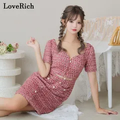 LoveRich ラブリッチ 【SMLサイズ】ツイード ジップ 袖あり 背中隠し 肌魅せ ボタン タイト ミニドレス キャバドレス [1303]