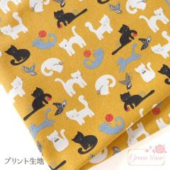 プリント生地　ゆるにゃんこ からし色 カット済み 【1枚】 cloth-10