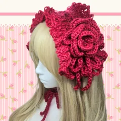 ハンドメイド　ヘッドドレス　バラ　レッド　赤　リボン　フリル　編み物