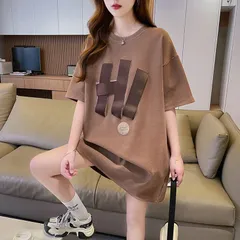 Tシャツ 半袖Tシャツ カットソー レディース 半袖 クルーネック Uネック ロング丈 ロングTシャツ トップス ロゴ 英字 可愛い カジュアル おしゃれ 着痩せ 体型カバー オーバーサイズ 通学 夏 ファッション