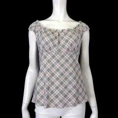 バーバリーブルーレーベル BURBERRY BLUE LABEL カットソー ブラウス ノースリーブ フリル ノバチェック柄 オフショルダー バックリボン M 38 ライトベージュ 赤 黒 国内正規品