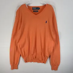 古着 90's/90年代 ポロバイラルフローレン Polo by Ralph Lauren 長袖 セーター ロゴ 刺繍 Vネック M  オレンジ 無地 メンズ