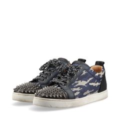 Christian Louboutin クリスチャンルブタン LOUIS JUNIOR SPIKES ORLATO スパイクスタッズ レザー × ファブリック スニーカー メンズ 42 ネイビー × ブラック