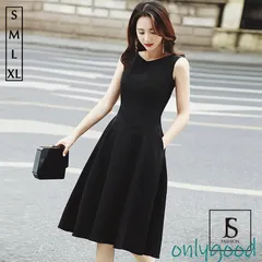 ワンピース ノースリーブ ミディアム丈 フレアワンピース ブラックワンピ パーティードレス デイリー Aライン 結婚式 二次会 発表会 卒業 春 夏