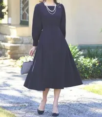 ルイルエブティック　 M  スクエアネック タック ロング ワンピース　長袖    紺　ネイビー　オケージョン 入学式　セレモニー