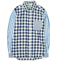 KENNETH FIELD ケネスフィールド アメリカ製 クレイジーパターン ラウンドカラーシャツ XS ネイビー 長袖 丸襟 チェック ストライプ トップス g4207