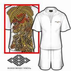 セットアップ ジャージ 金鳳凰 八方睨み 半袖+半ズボン 上下 白 BLOOD MONEY TOKYO ブラッドマネートーキョー MBT-24004 和柄 服 オラオラ系 悪羅悪羅系 ヤクザ ヤンキー チョイ悪 チョイワル 派手 メンズ ファッション