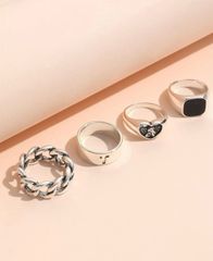 A/ シルバーアクセサリー 韓国 指輪リング 4点セット シルバー ブラック プチプラ アクセサリー 十字架 クロス チョーカー V系 ロック ハウスダストちゃん