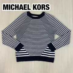 MICHAEL KORS マイケルコース  長袖ニット セーター M ボーダー 切り替えしデザイン ブラック×ホワイト プレートロゴ 着丈56cm ゆき丈80.5〜81cm 身幅(脇下)49cm【古着】