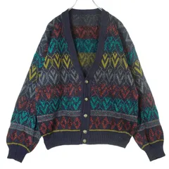 ヴィンテージvintageニットカーディガンセーター総柄レトロ紺ネイビーバーガンディ好配色40111