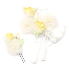 髪飾り 成人式 つまみ細工 振袖 前撮り 袴 浴衣 夏祭り 花火大会 2点セット 白 淡黄色 リボン 紐リボン 房付き ヘアアクセ か No.9-3994