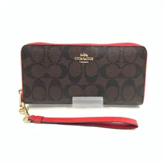 〇〇COACH コーチ ロング ジップ アラウンド ウォレット シグネチャー キャンバス 長財布 C4452 ブラウン  x レッド