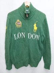 ◇ Polo by Ralph Lauren ポロ ビッグロゴ ロゴワッペン 長袖 ニット カーディガン サイズM グリーン メンズ P 